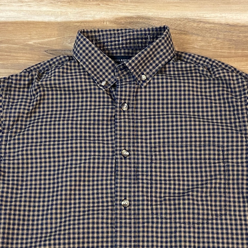 Banana Republic Button Down Men S Plaid Cotton Untucked Fit Navy Blue‎ Classic
